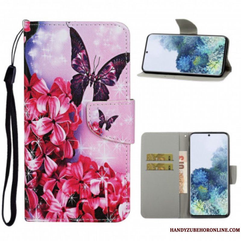 Folio-fodral Samsung Galaxy S21 Ultra 5G Butterflies Floral Lanyard