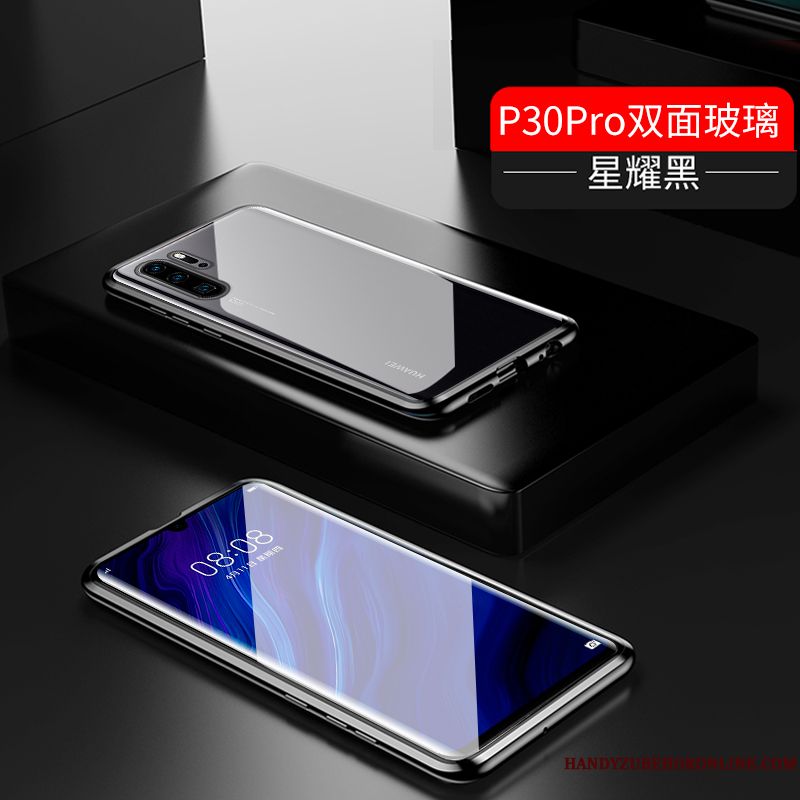 Skal Huawei P30 Pro Metall Fallskydd Svart, Fodral Huawei P30 Pro Påsar Telefon Härdat Glas