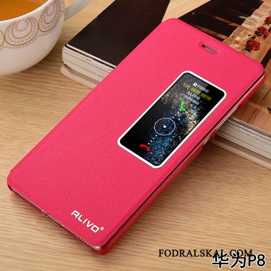 Skal Huawei P8 Täcka Röd Fallskydd, Fodral Huawei P8 Läderfodral Telefon