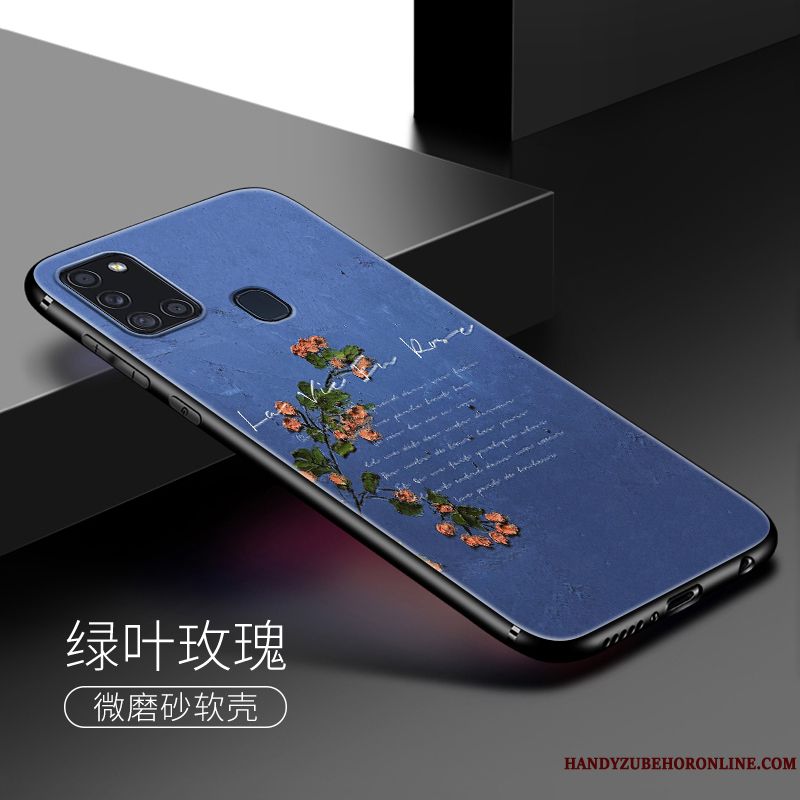 Skal Samsung Galaxy A21s Silikon Blå Oljemålning, Fodral Samsung Galaxy A21s Mjuk Nubuck Blommor