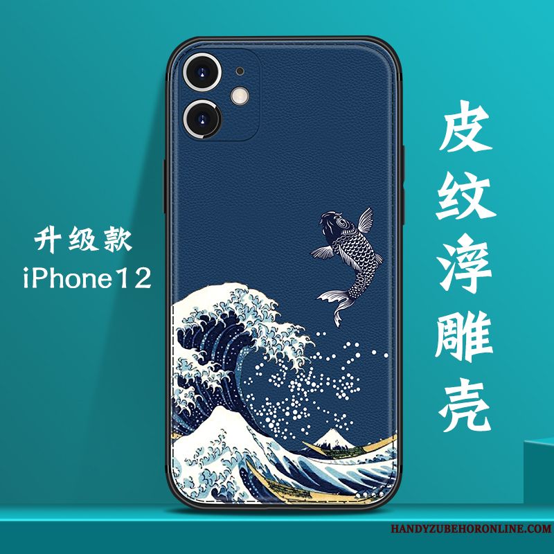 Skal iPhone 12 Påsar Kinesisk Stil Trend Varumärke, Fodral iPhone 12 Läder Mörkblå Mönster