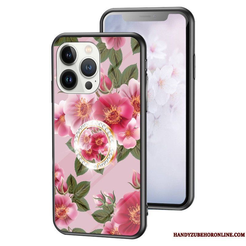 Skal iPhone 15 Pro Blommigt Härdat Glas Med Stödring