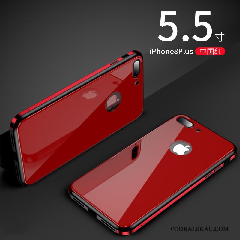 Skal iPhone 8 Plus Metall Fallskydd Röd, Fodral iPhone 8 Plus Silikon Trend Härdat Glas