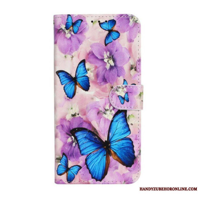 Fodral iPhone 13 Mini Blå Fjärilar I Blommor