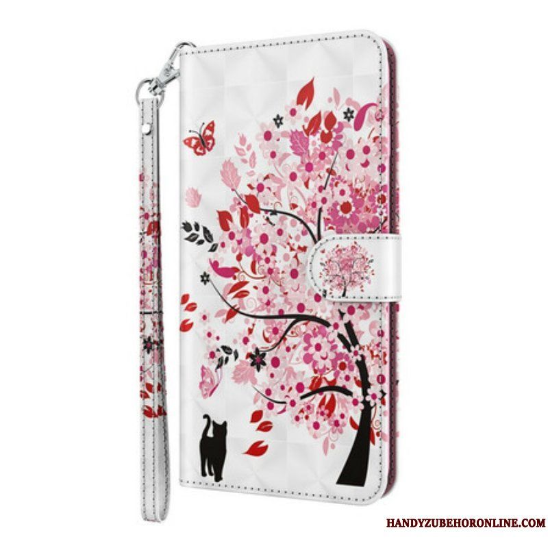 Folio-fodral iPhone 13 Mini Rosa Träd Och Svart Katt