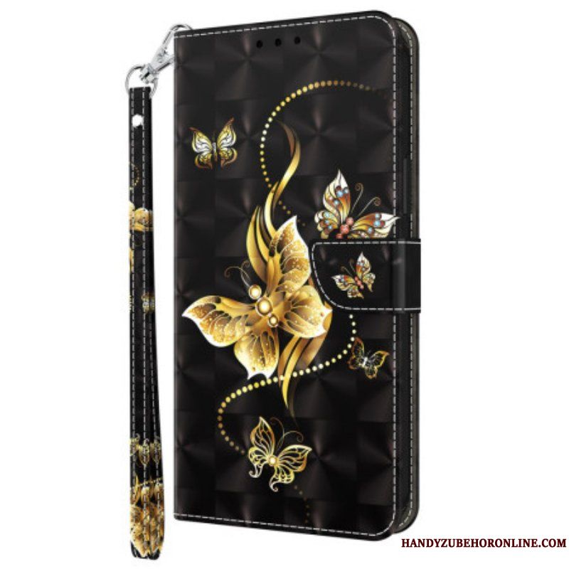 Läderfodral Samsung Galaxy A14 / A14 5G Med Kedjar Gyllene Fjärilar Med Rem