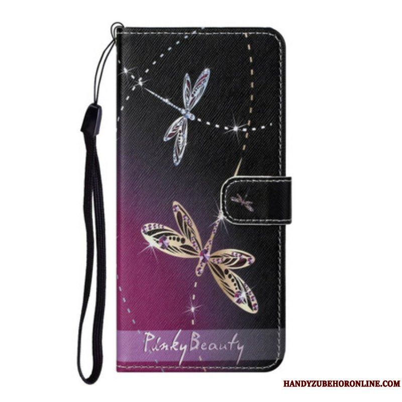 Läderfodral Samsung Galaxy S21 FE Med Kedjar Strappy Dragonflies