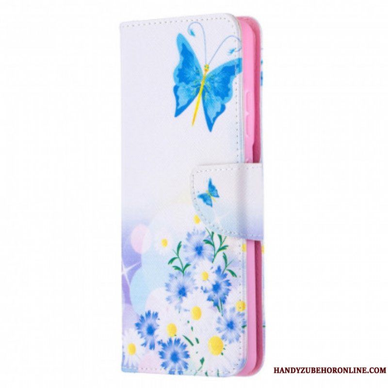 Läderfodral Samsung Galaxy S21 Ultra 5G Målade Fjärilar Och Blommor