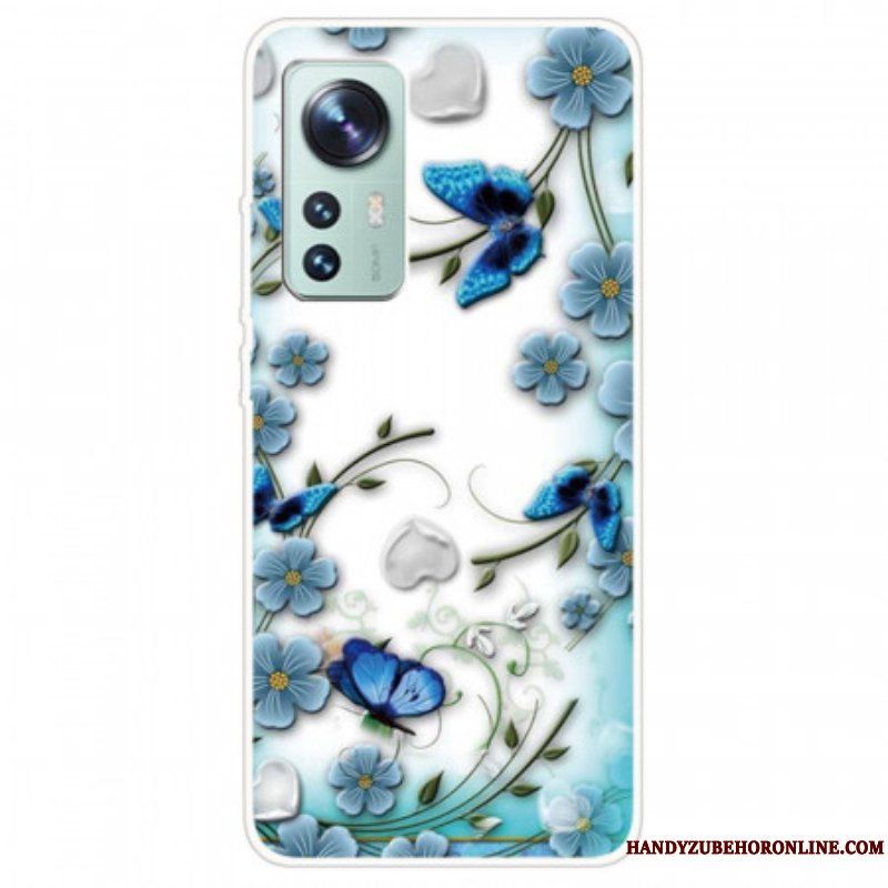 Mobilskal Xiaomi 12 / 12X Blå Blommor Och Fjärilar