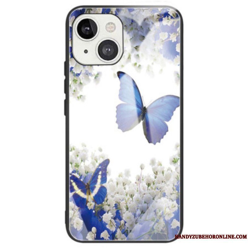 Mobilskal iPhone 14 Blå Fjärilar Härdat Glas