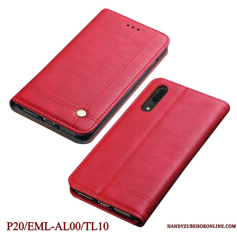 Skal Huawei P20 Täcka Röd Fallskydd, Fodral Huawei P20 Läderfodral Telefon