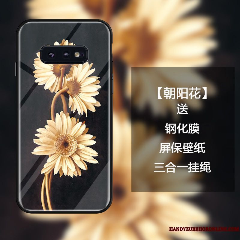 Skal Samsung Galaxy S10e Skydd Härdat Glas Blommor, Fodral Samsung Galaxy S10e Kreativa Vind Svart